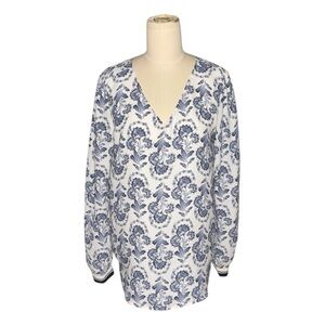 Loft Blue & White Floral V-Neck Long Sleeve Blouse